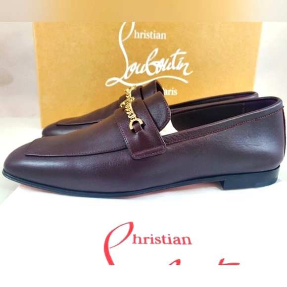 NWT$1095 Louboutin MJ Moc Brown Leather Chain Red Sole Flat Loafers Sz 36.5, 6.5 - Picture 10 of 16